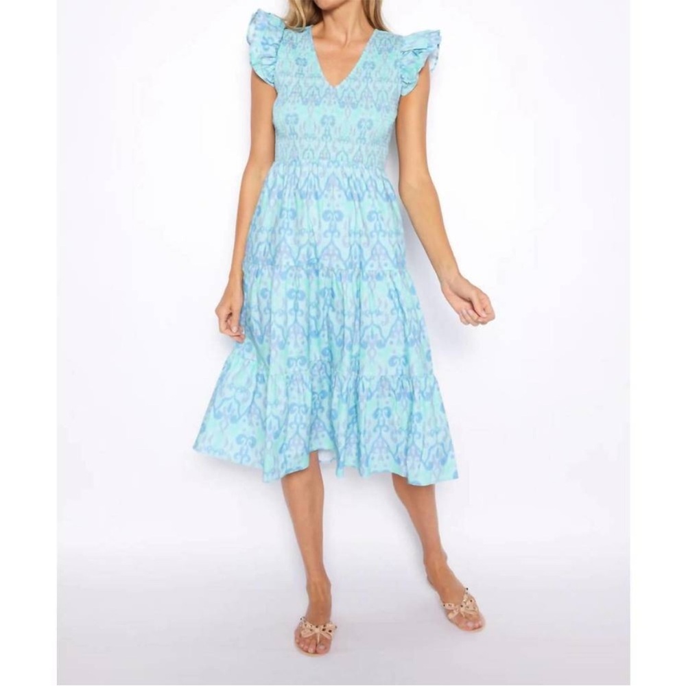SAIL TO SABLE v-neck smocked midi dress in scroll ikat blue purple size XS